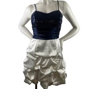 B Darlin Juniors Navy Sequin Top White Bubble Bottom Spaghetti Strap Dress 9/10